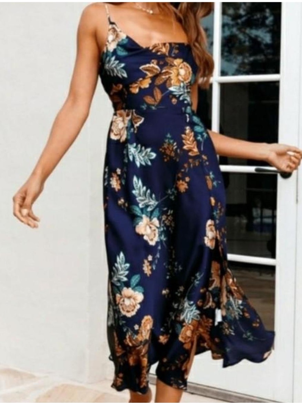 Petal & Pup Alejandra Navy Floral Satin Cowl Neck Midi Dress Size 10